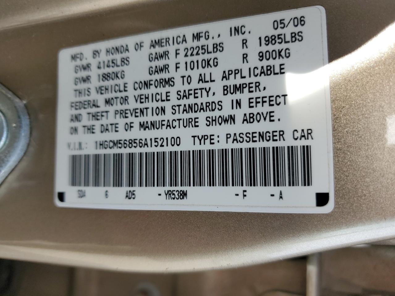 2006 Honda Accord VIN 1HGCM56856A152100 Copart auction photo, all over damage thumbnail 13