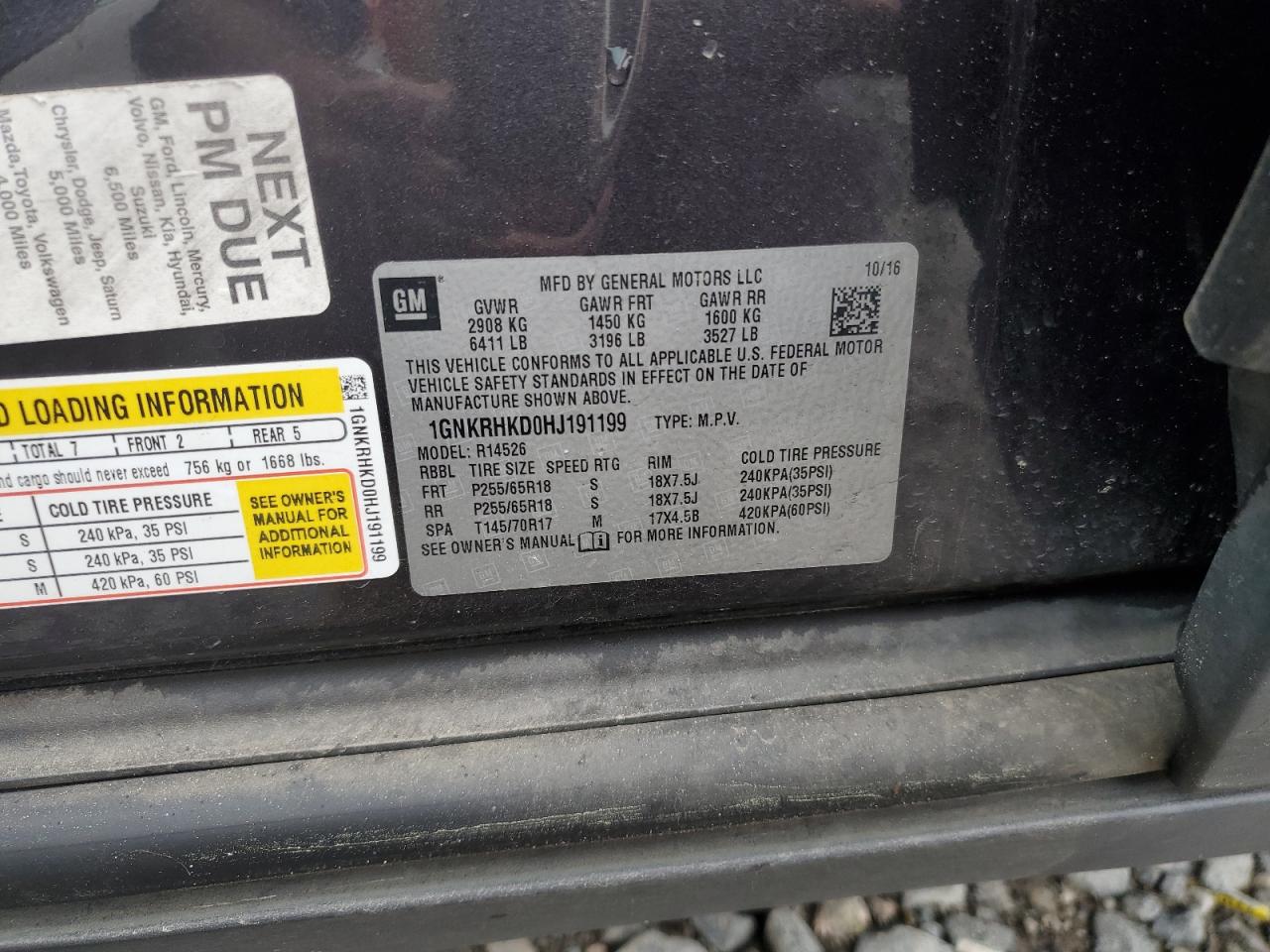 2017 Chevrolet Traverse VIN 1GNKRHKD0HJ191199 Copart auction photo, front end damage thumbnail 14