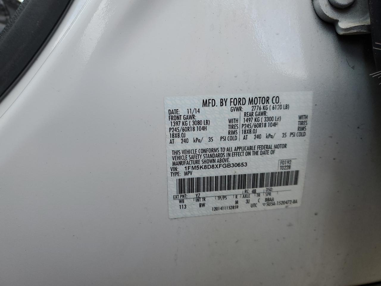 2015 Ford Explorer VIN 1FM5K8D8XFGB30653 Copart auction photo, all over damage thumbnail 13