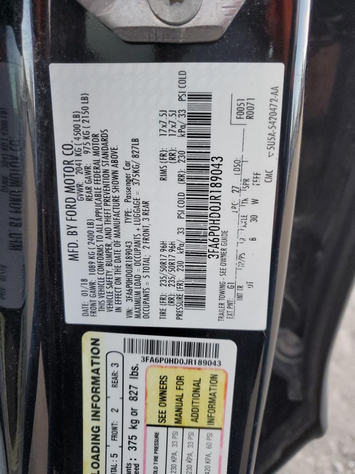 2018 Ford Fusion VIN 3FA6P0HD0JR189043 Copart auction photo, front end / side damage thumbnail 14
