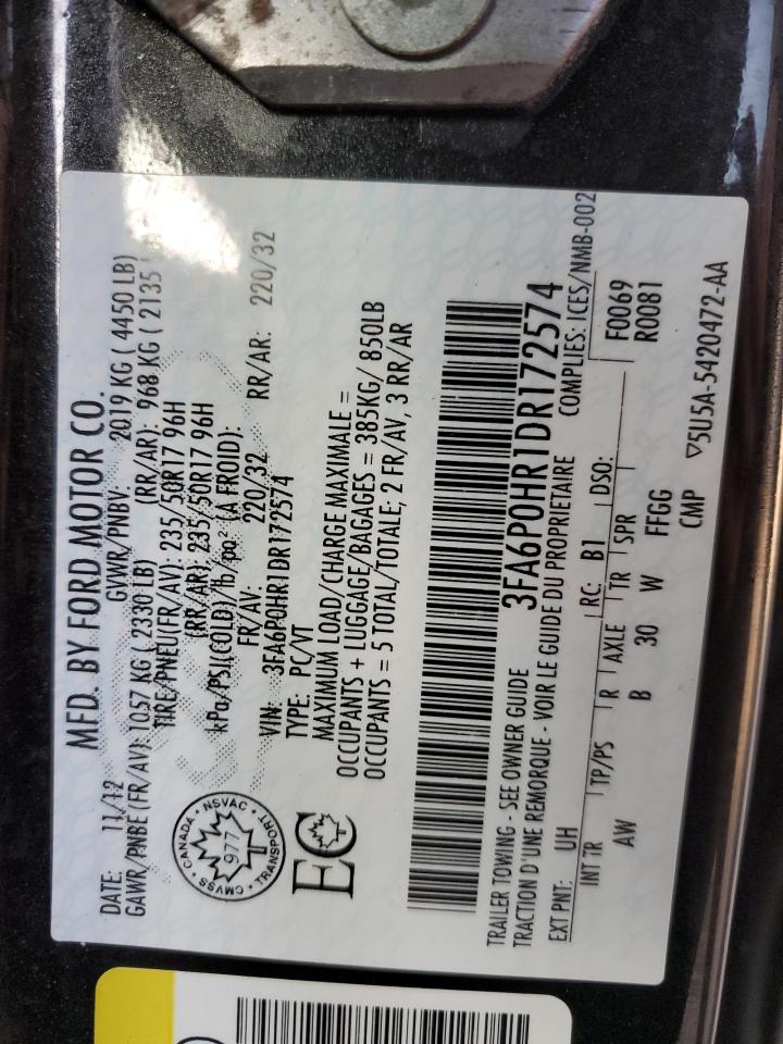 2013 Ford Fusion VIN 3FA6P0HR1DR172574 Copart auction photo, front end / minor dent/scratches damage thumbnail 14