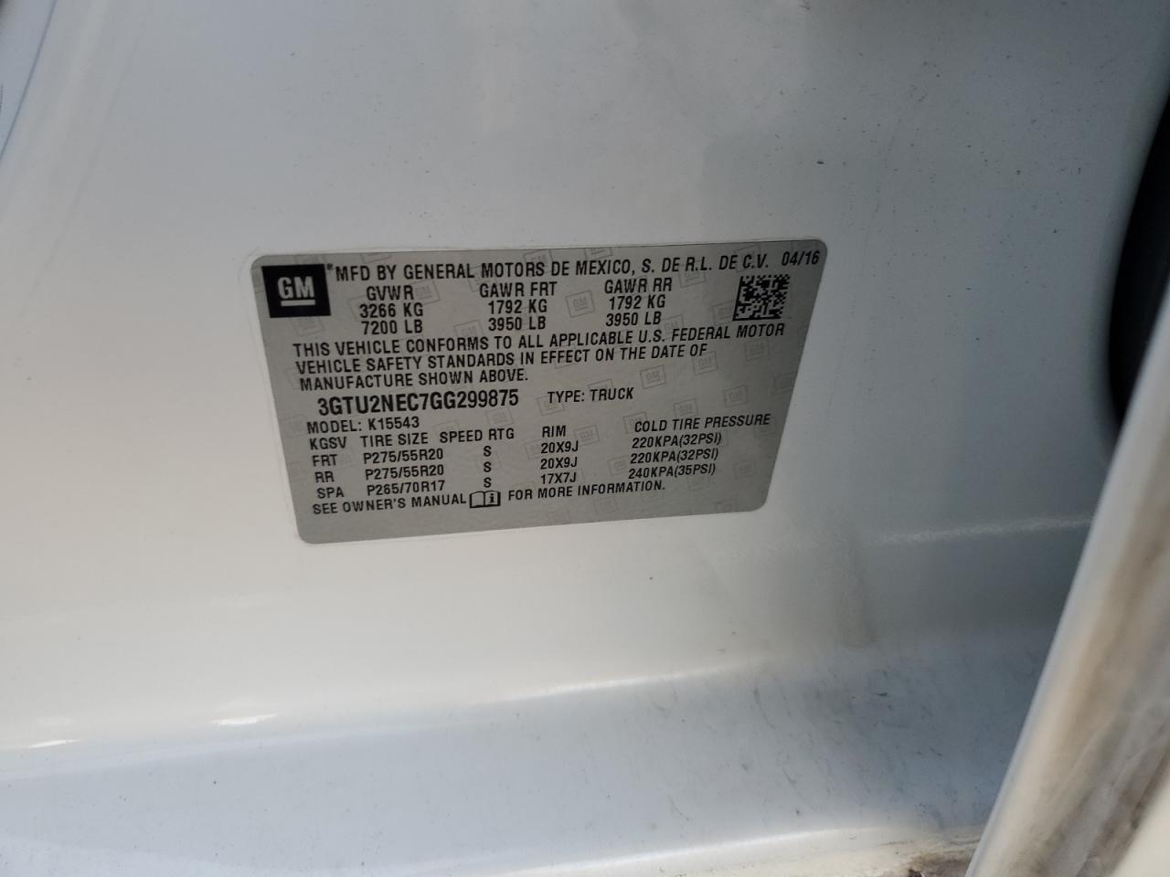 2016 GMC Sierra VIN 3GTU2NEC7GG299875 Copart auction photo, all over damage thumbnail 14