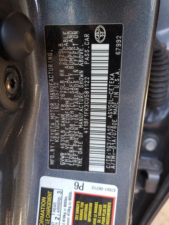 2012 Toyota Camry VIN 4T1BF1FK3CU581122 Copart auction photo, front end damage thumbnail 12