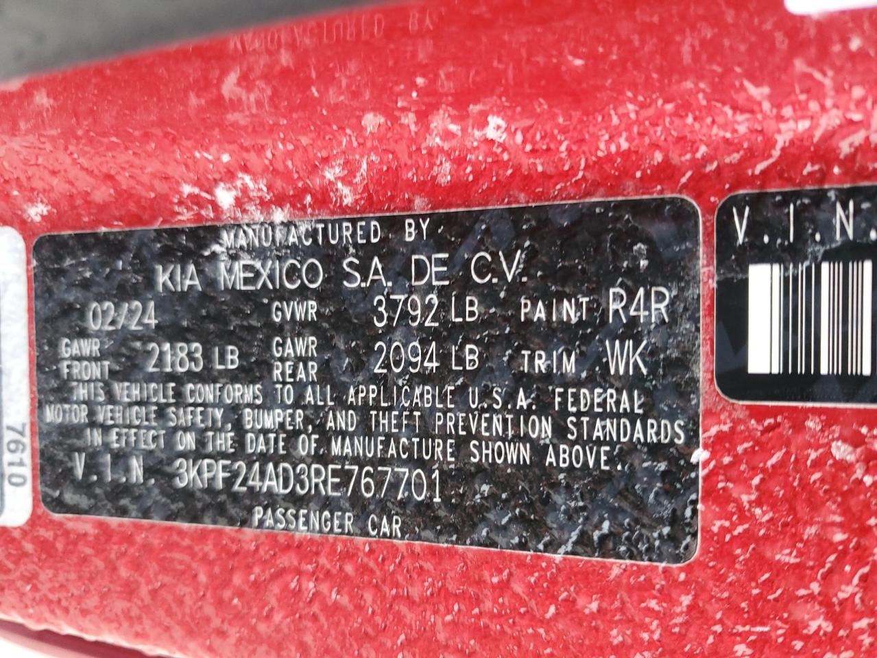 2024 KIA Forte VIN 3KPF24AD3RE767701 Copart auction photo, front end / stripped damage thumbnail 13