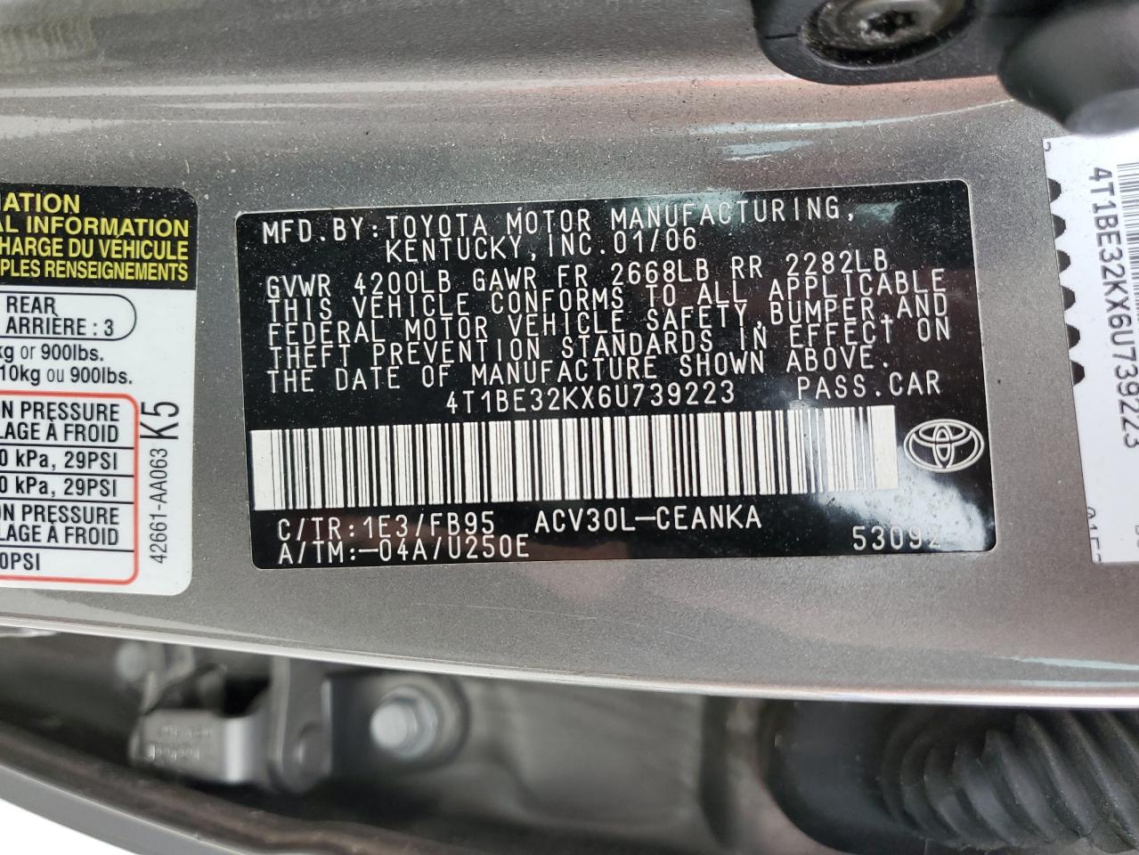 2006 Toyota Camry VIN 4T1BE32KX6U739223 Copart auction photo, front end damage thumbnail 13