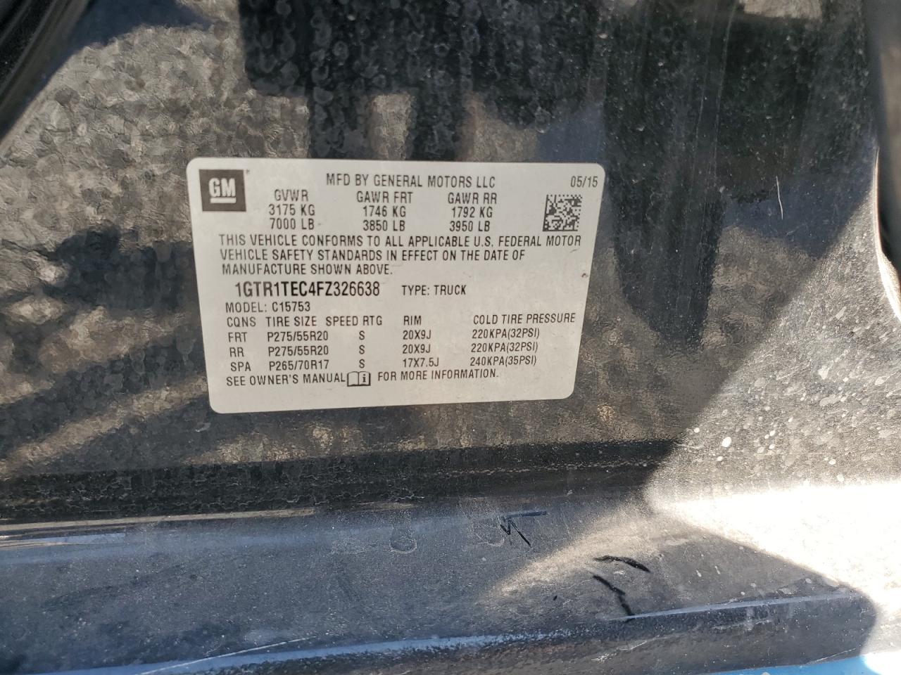 2015 GMC Sierra VIN 1GTR1TEC4FZ326638 Copart auction photo, rear end damage thumbnail 12