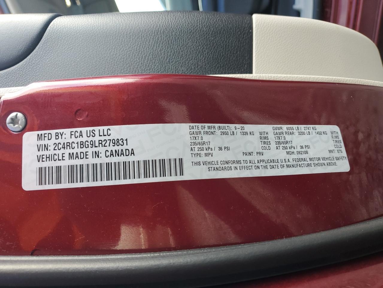 2020 Chrysler Pacifica VIN 2C4RC1BG9LR279831 Copart auction photo, front end damage thumbnail 14