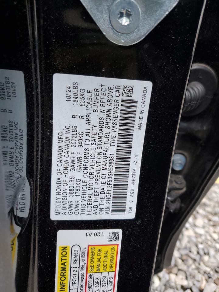 2025 Honda Civic VIN 2HGFE2F53SH538881 Copart auction photo, rear end / front end damage thumbnail 12