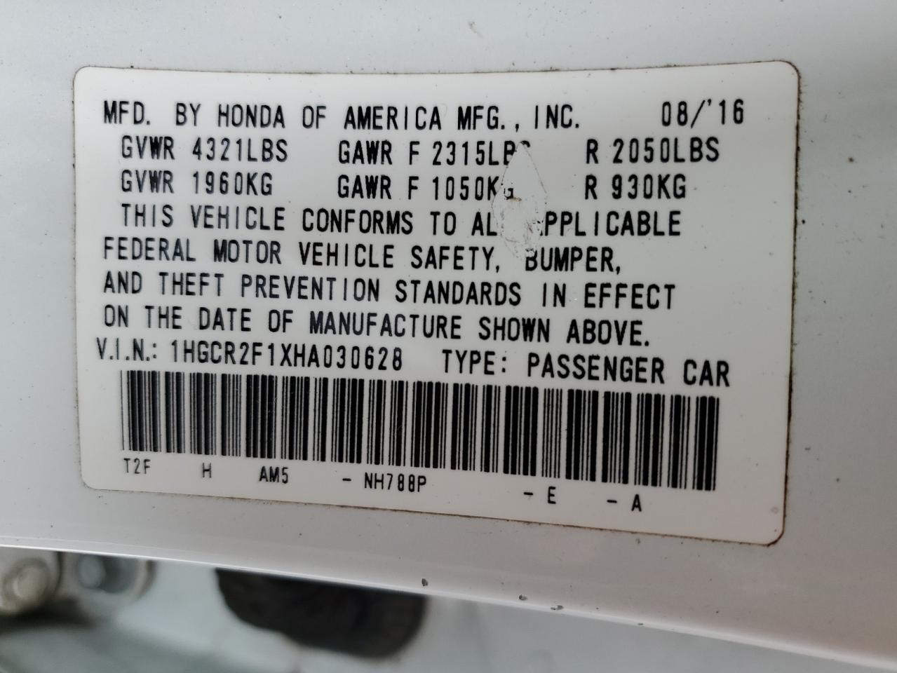 2017 Honda Accord VIN 1HGCR2F1XHA030628 Copart auction photo, front end damage thumbnail 12