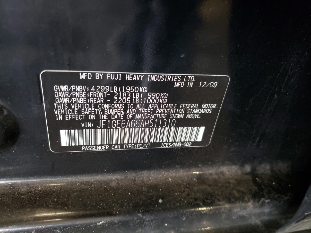 2010 Subaru Impreza VIN JF1GE6A66AH511310 Copart auction photo, rear end / minor dent/scratches damage thumbnail 12