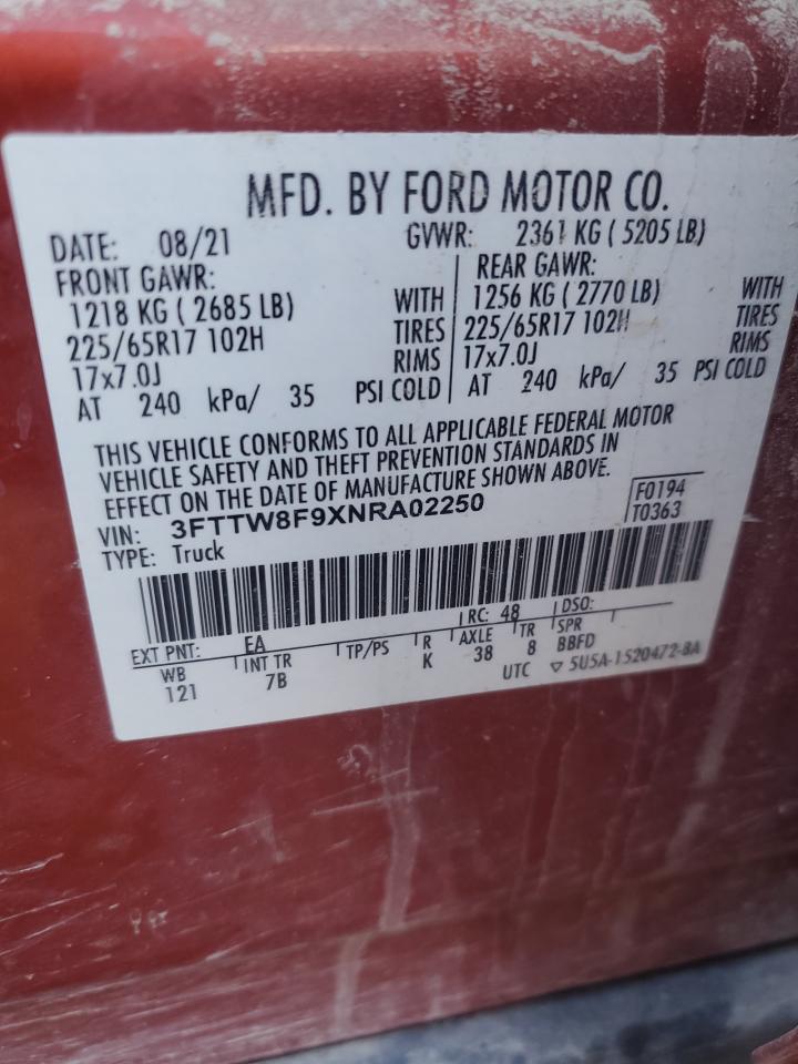 2022 Ford Maverick VIN 3FTTW8F9XNRA02250 Copart auction photo, front end damage thumbnail 13