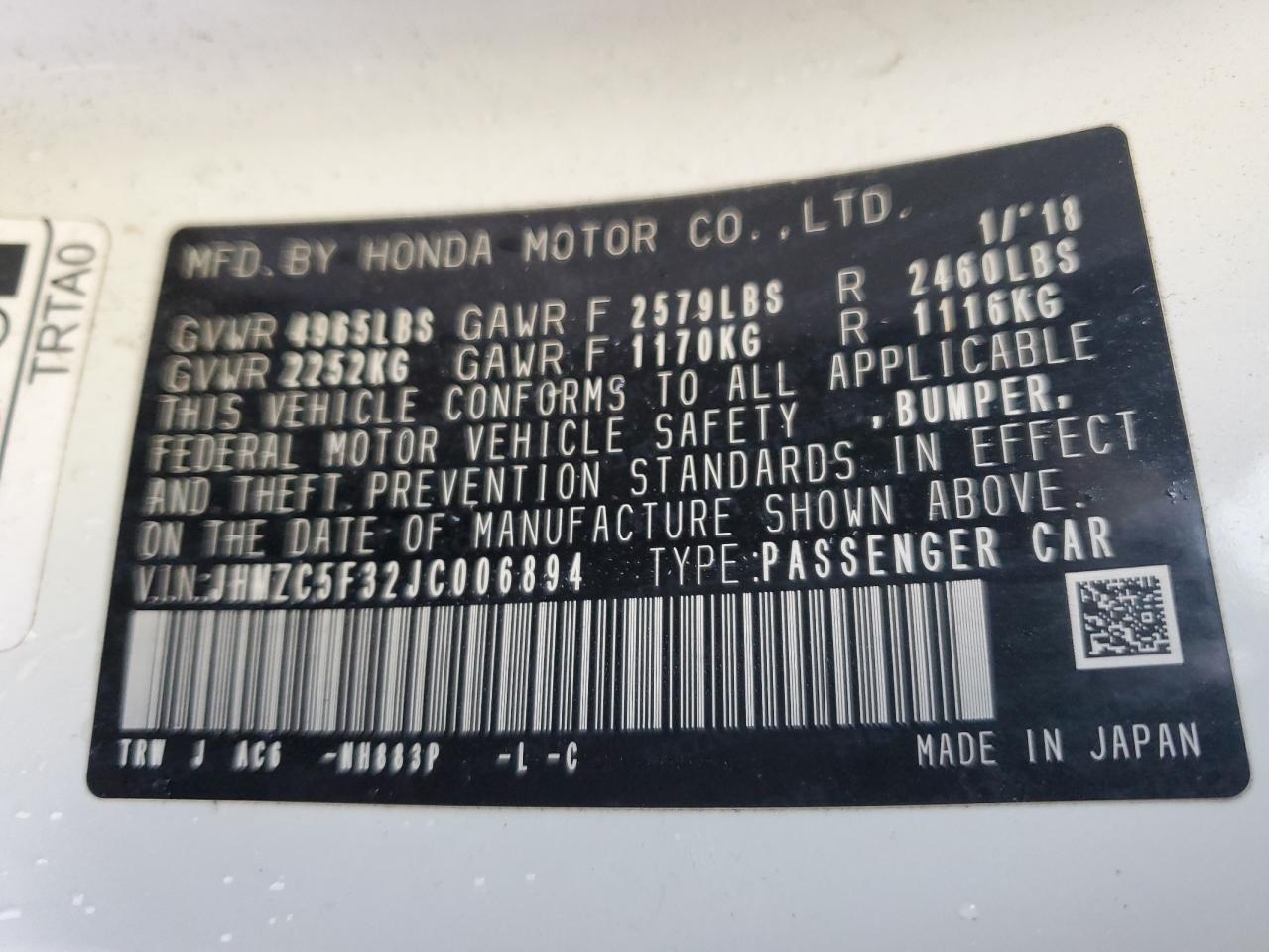 2018 Honda Clarity VIN JHMZC5F32JC006894 Copart auction photo, front end / side damage thumbnail 12
