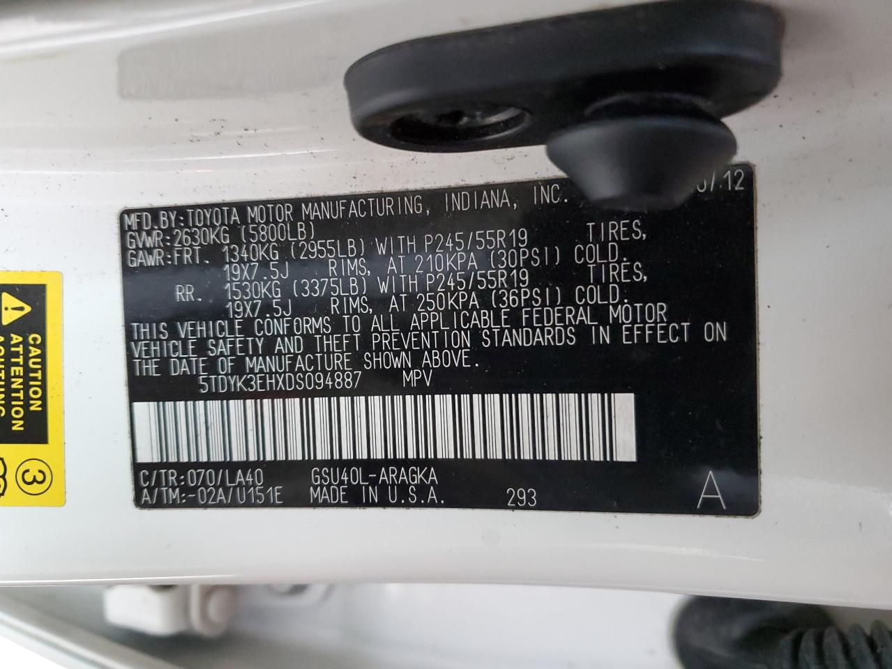 2013 Toyota Highlander VIN 5TDYK3EHXDS094887 Copart auction photo, front end / side damage thumbnail 14