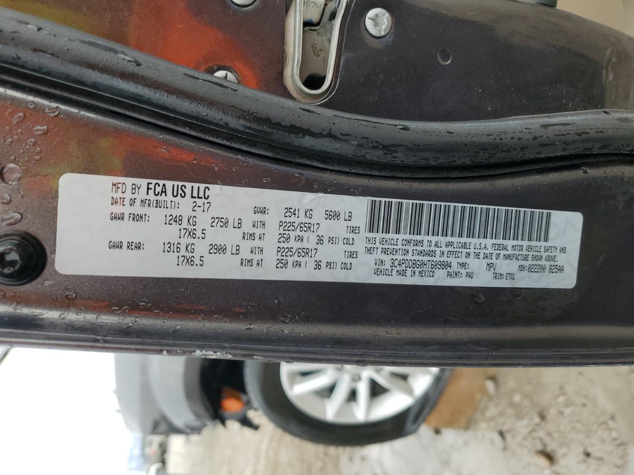 2017 Dodge Journey VIN 3C4PDDBG0HT609804 Copart auction photo, rollover damage thumbnail 12