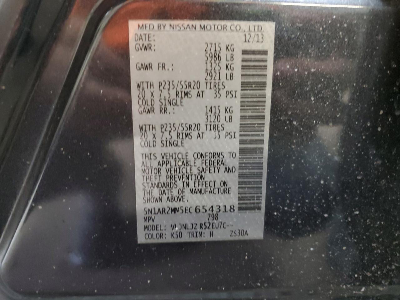 2014 Nissan Pathfinder VIN 5N1AR2MM5EC654318 Copart auction photo, front end damage thumbnail 13