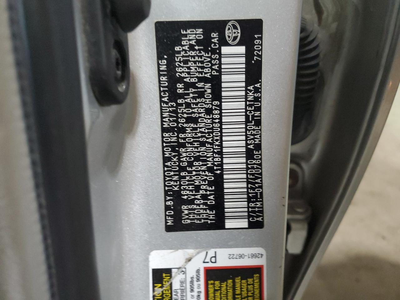 2013 Toyota Camry VIN 4T1BF1FKXDU648879 Copart auction photo, rear end damage thumbnail 13
