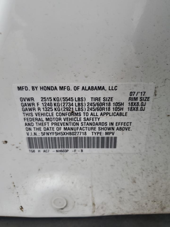 2017 Honda Pilot VIN 5FNYF5H5XHB027718 Copart auction photo, front end damage thumbnail 15