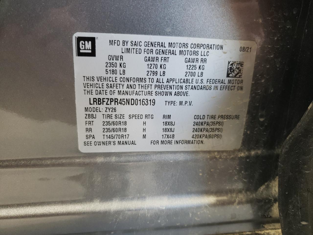 2022 Buick Envision VIN LRBFZPR45ND016319 Copart auction photo, front end / side damage thumbnail 16