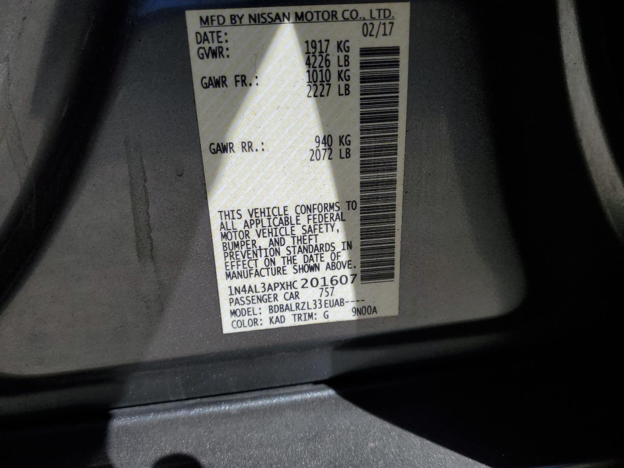 2017 Nissan Altima VIN 1N4AL3APXHC201607 Copart auction photo, rear end damage thumbnail 13