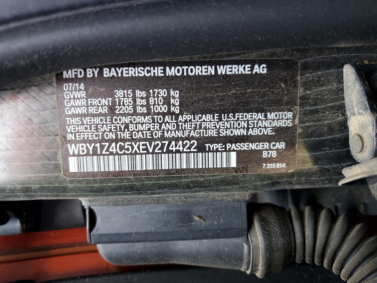 2014 BMW i3 VIN WBY1Z4C5XEV274422 Copart auction photo, normal wear damage thumbnail 12