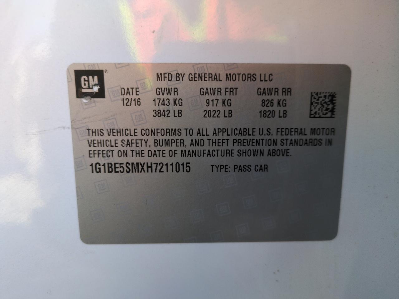 2017 Chevrolet Cruze VIN 1G1BE5SMXH7211015 Copart auction photo, side / rear end damage thumbnail 12