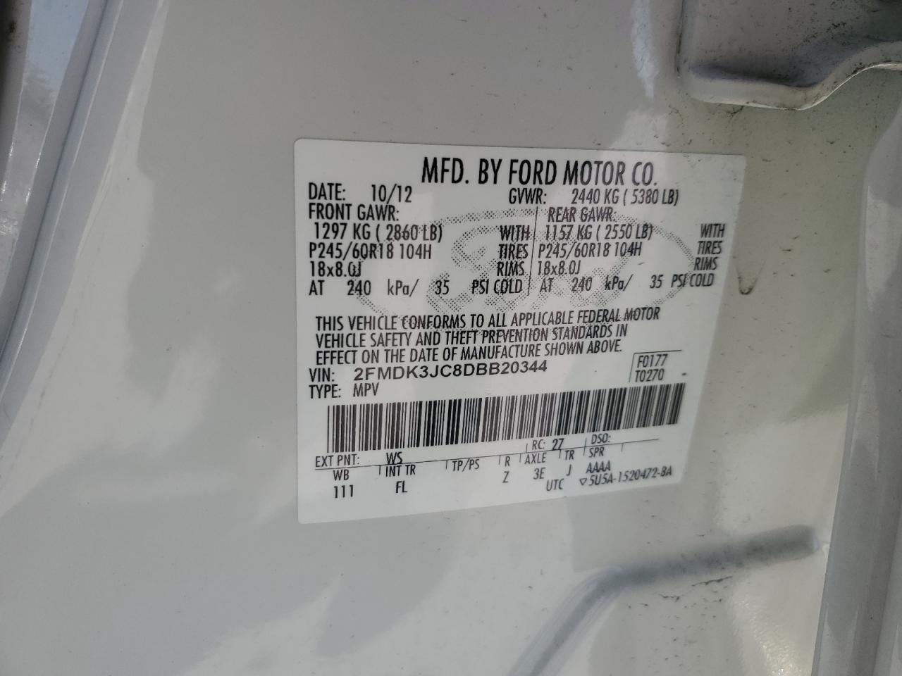 2013 Ford Edge VIN 2FMDK3JC8DBB20344 Copart auction photo, rear end damage thumbnail 15