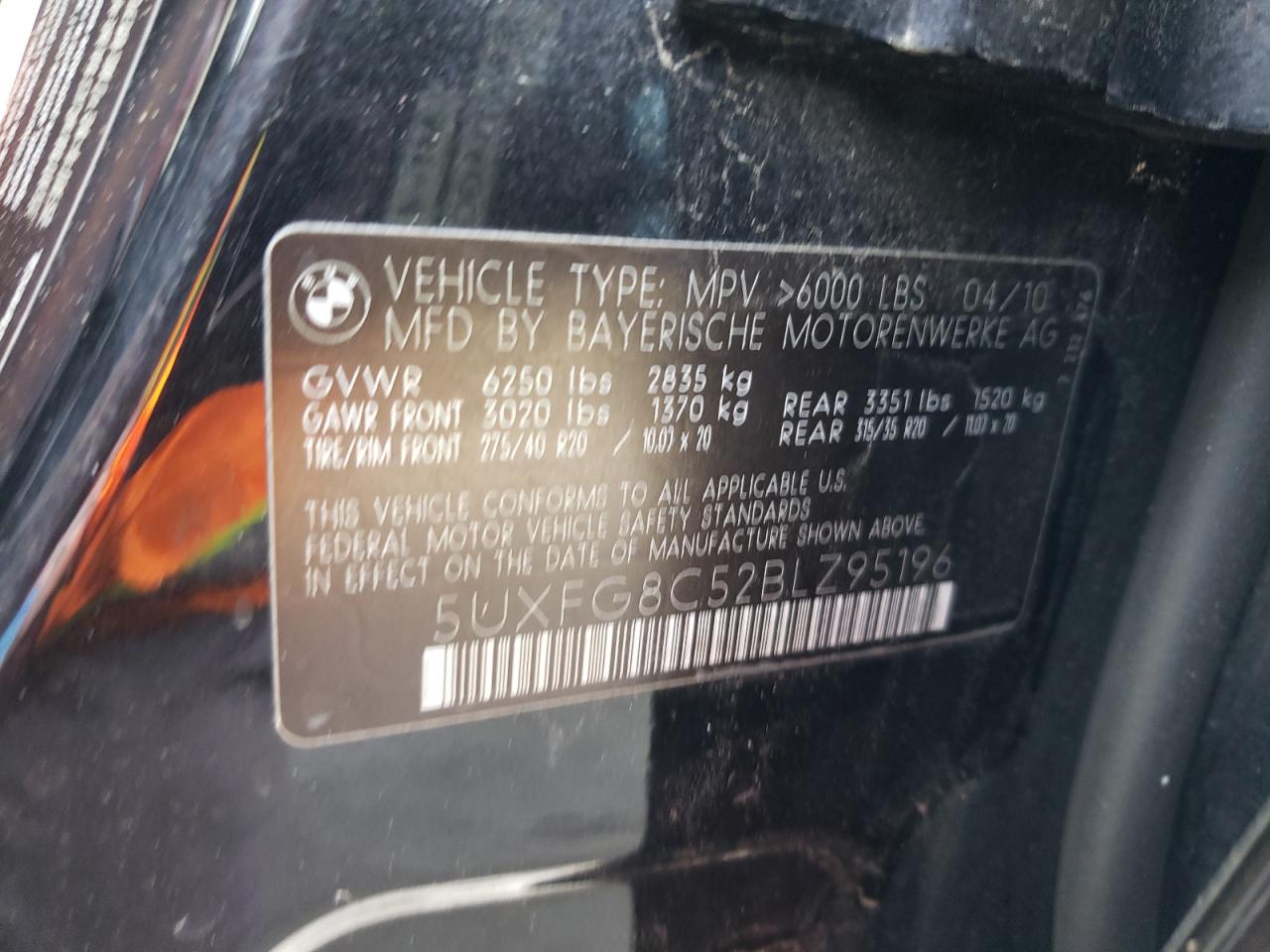 2011 BMW X6 VIN 5UXFG8C52BLZ95196 Copart auction photo, front end damage thumbnail 12