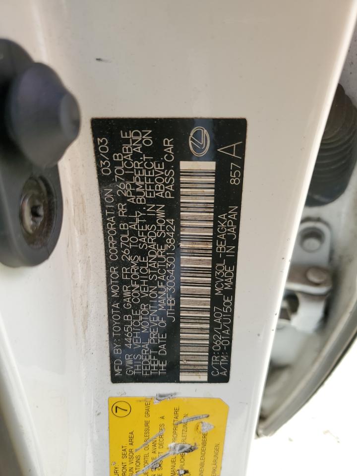 2003 Lexus ES VIN JTHBF30G430138424 Copart auction photo, front end damage thumbnail 15