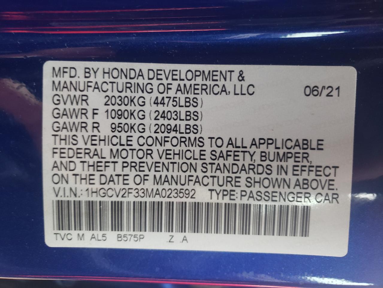 2021 Honda Accord VIN 1HGCV2F33MA023592 Copart auction photo, rear end damage thumbnail 13