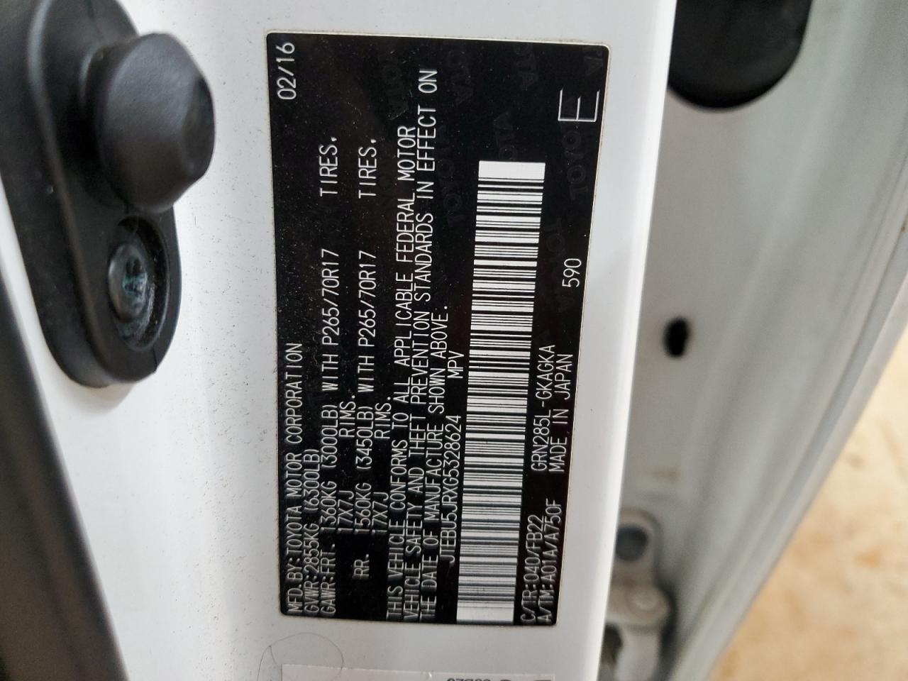 2016 Toyota 4Runner VIN JTEBU5JRXG5328624 Copart auction photo, front end damage thumbnail 15