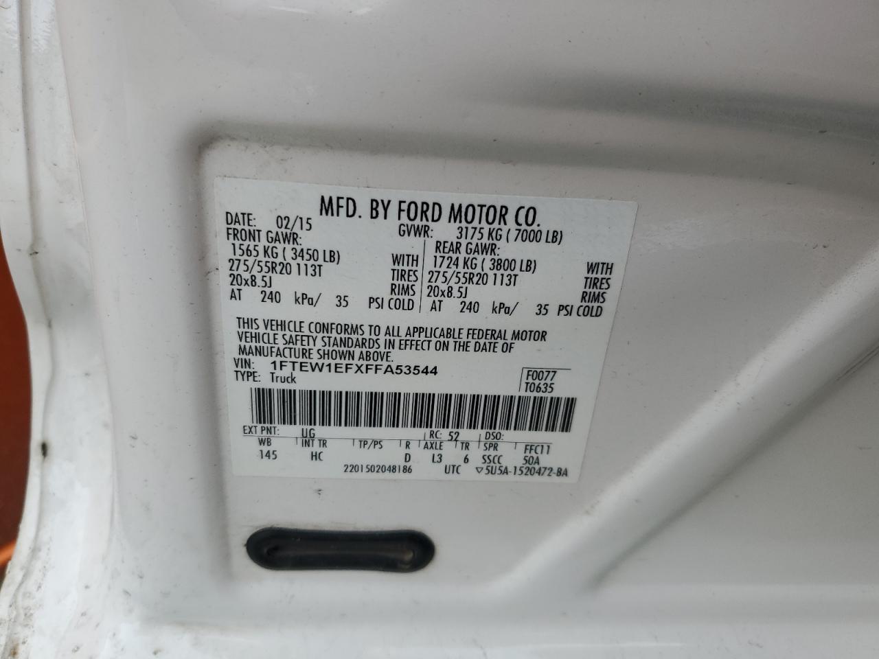 2015 Ford F-150 VIN 1FTEW1EFXFFA53544 Copart auction photo, front end damage thumbnail 12