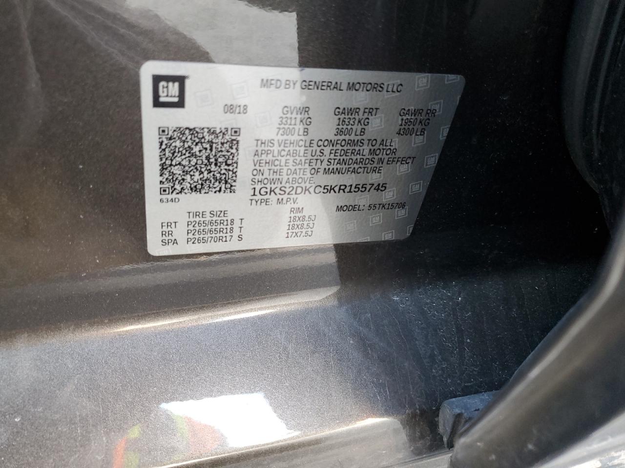2019 GMC Yukon VIN 1GKS2DKC5KR155745 Copart auction photo, front end damage thumbnail 13