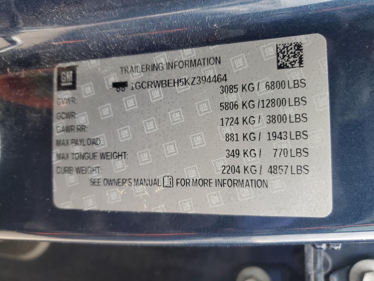 2019 Chevrolet Silverado VIN 1GCRWBEH5KZ394464 Copart auction photo, all over damage thumbnail 12