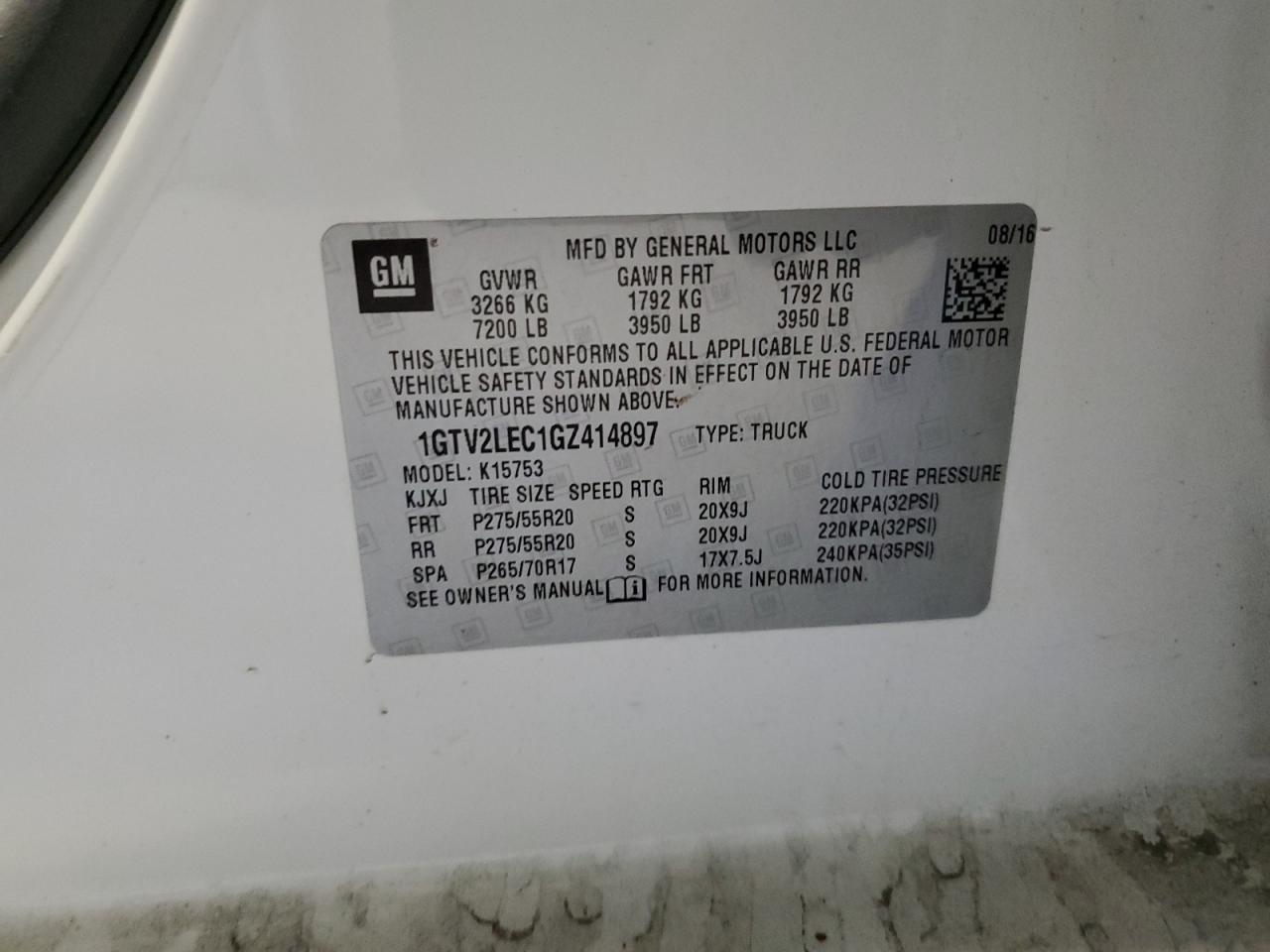 2016 GMC Sierra VIN 1GTV2LEC1GZ414897 Copart auction photo, front end damage thumbnail 12