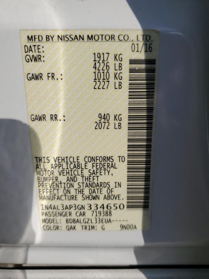 2016 Nissan Altima VIN 1N4AL3AP3GN334650 Copart auction photo, side damage thumbnail 12