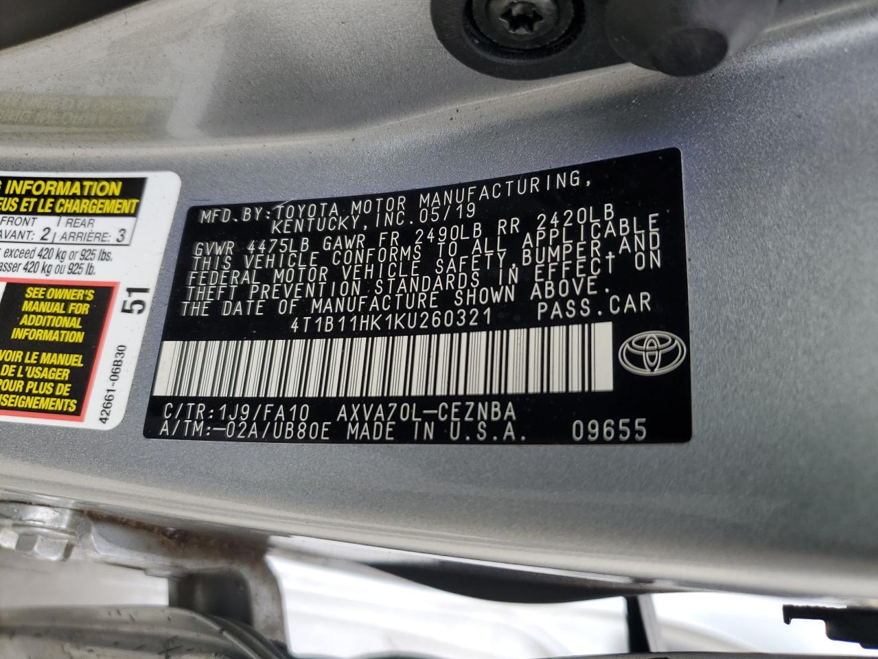 2019 Toyota Camry VIN 4T1B11HK1KU260321 Copart auction photo, all over damage thumbnail 13