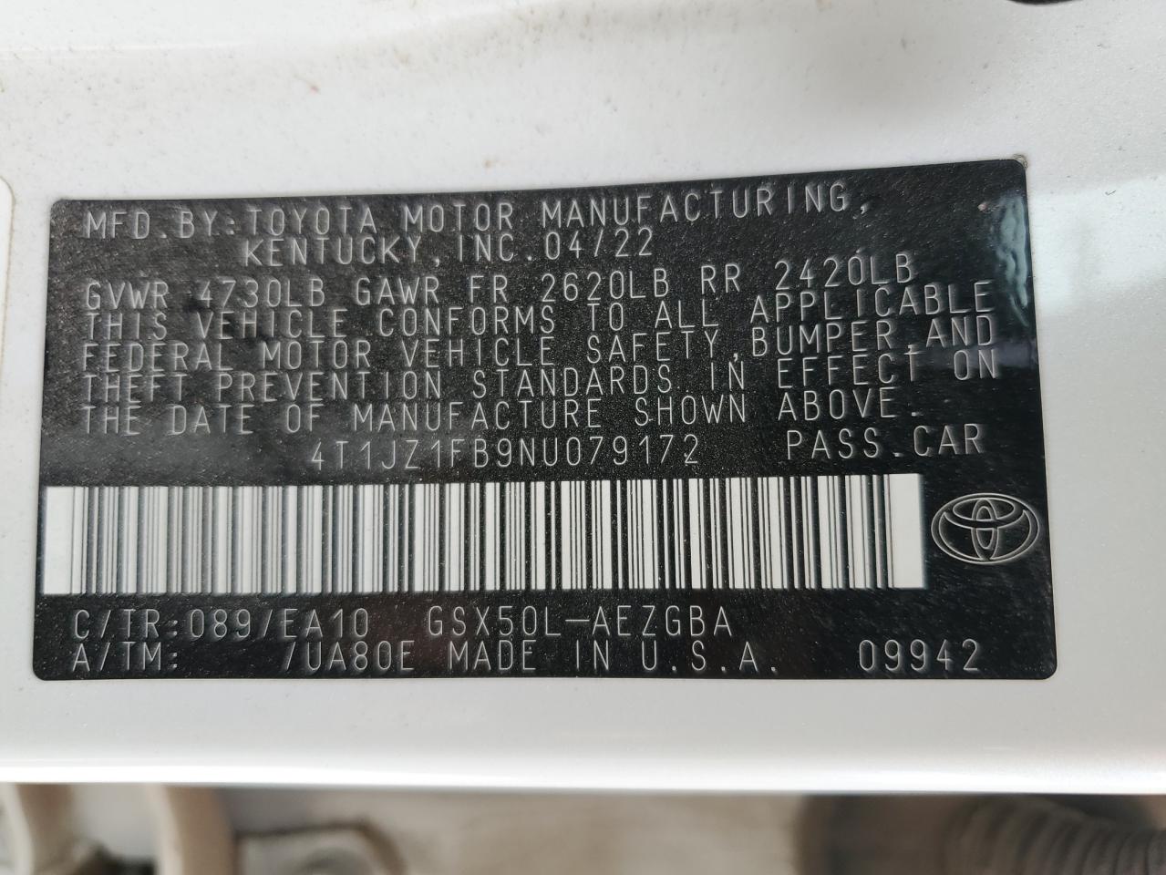 2022 Toyota Avalon VIN 4T1JZ1FB9NU079172 Copart auction photo, water/flood damage thumbnail 12