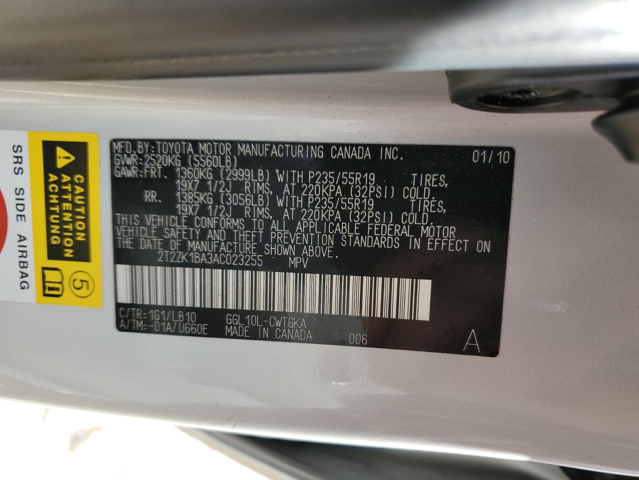 2010 Lexus RX VIN 2T2ZK1BA3AC023255 Copart auction photo, all over / frame damage damage thumbnail 13