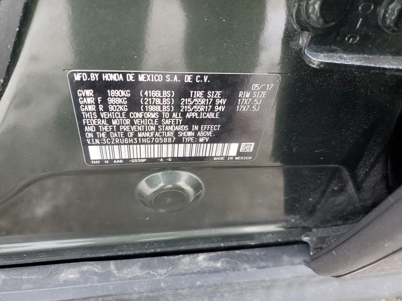 2017 Honda HR-V VIN 3CZRU6H31HG705887 Copart auction photo, front end damage thumbnail 14