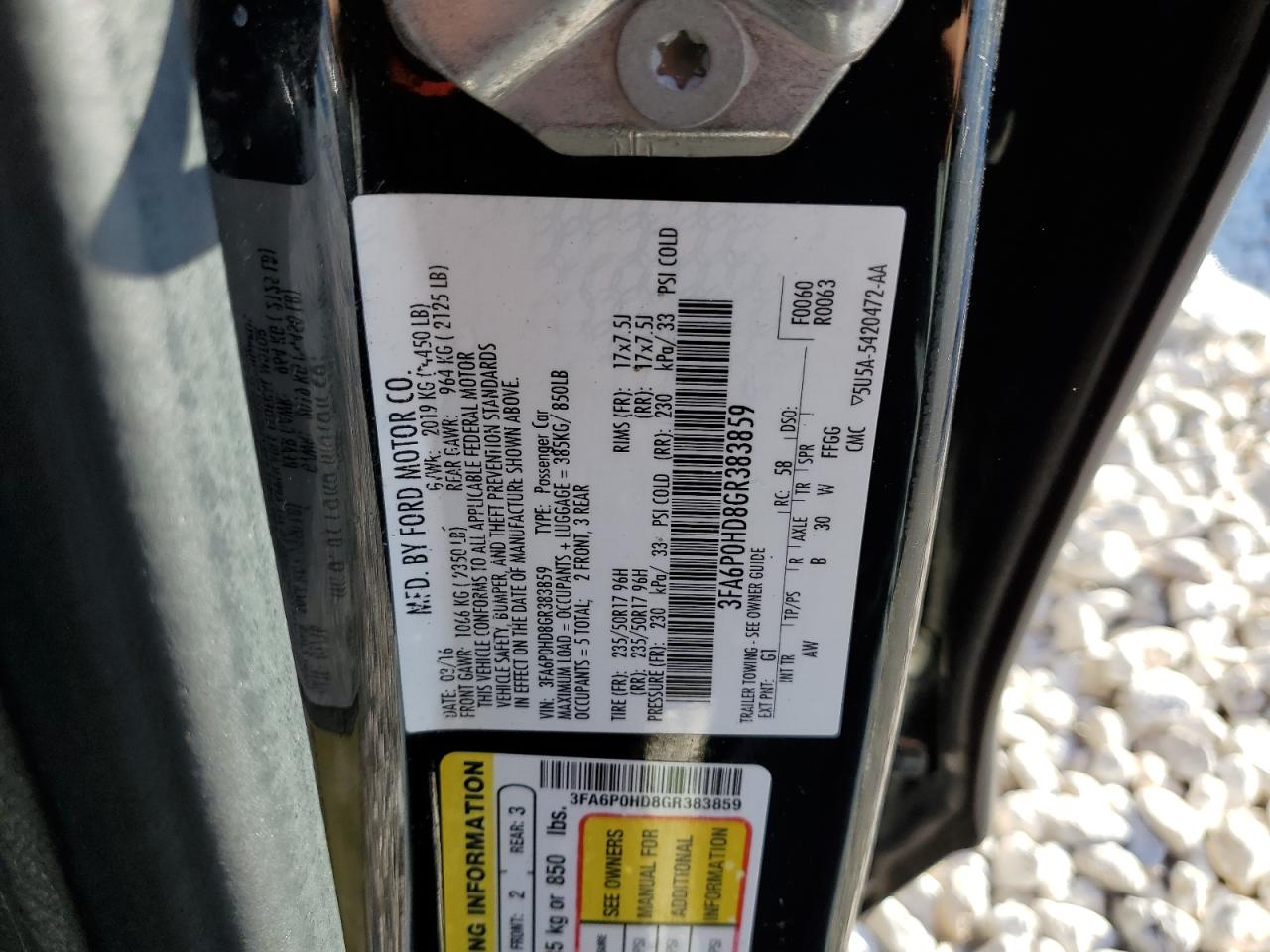 2016 Ford Fusion VIN 3FA6P0HD8GR383859 Copart auction photo, rear end damage thumbnail 14