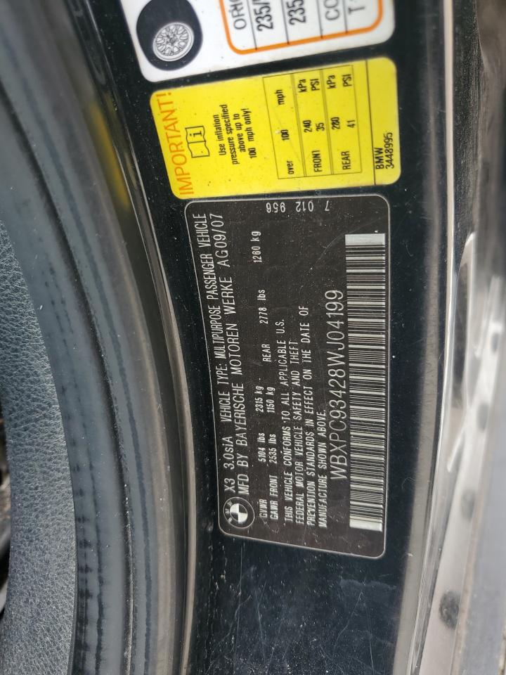 2008 BMW X3 VIN WBXPC93428WJ04199 Copart auction photo, all over damage thumbnail 13