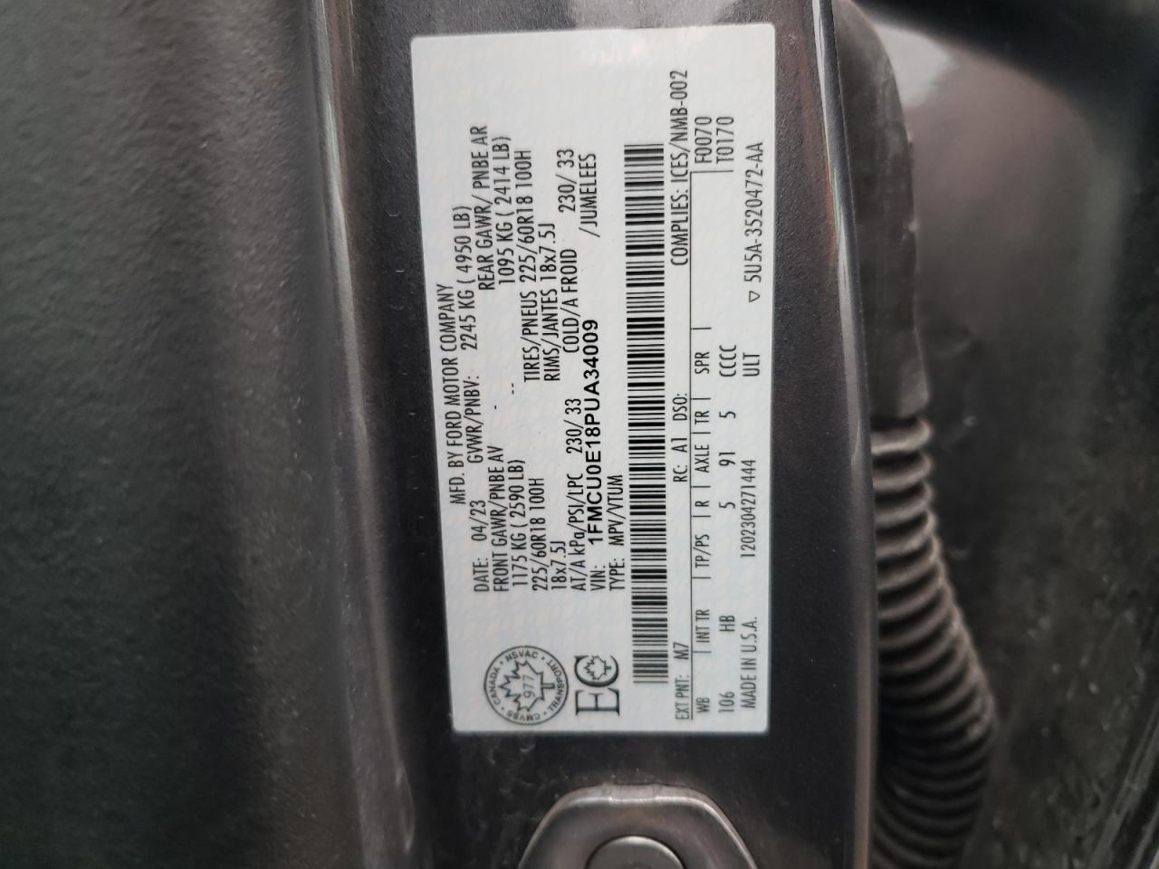 2023 Ford Escape VIN 1FMCU0E18PUA34009 Copart auction photo, all over / damage history damage thumbnail 14