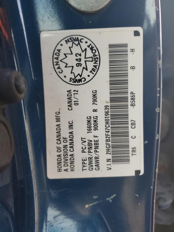 2012 Honda Civic VIN 2HGFB2F47CH019639 Copart auction photo, front end damage thumbnail 12