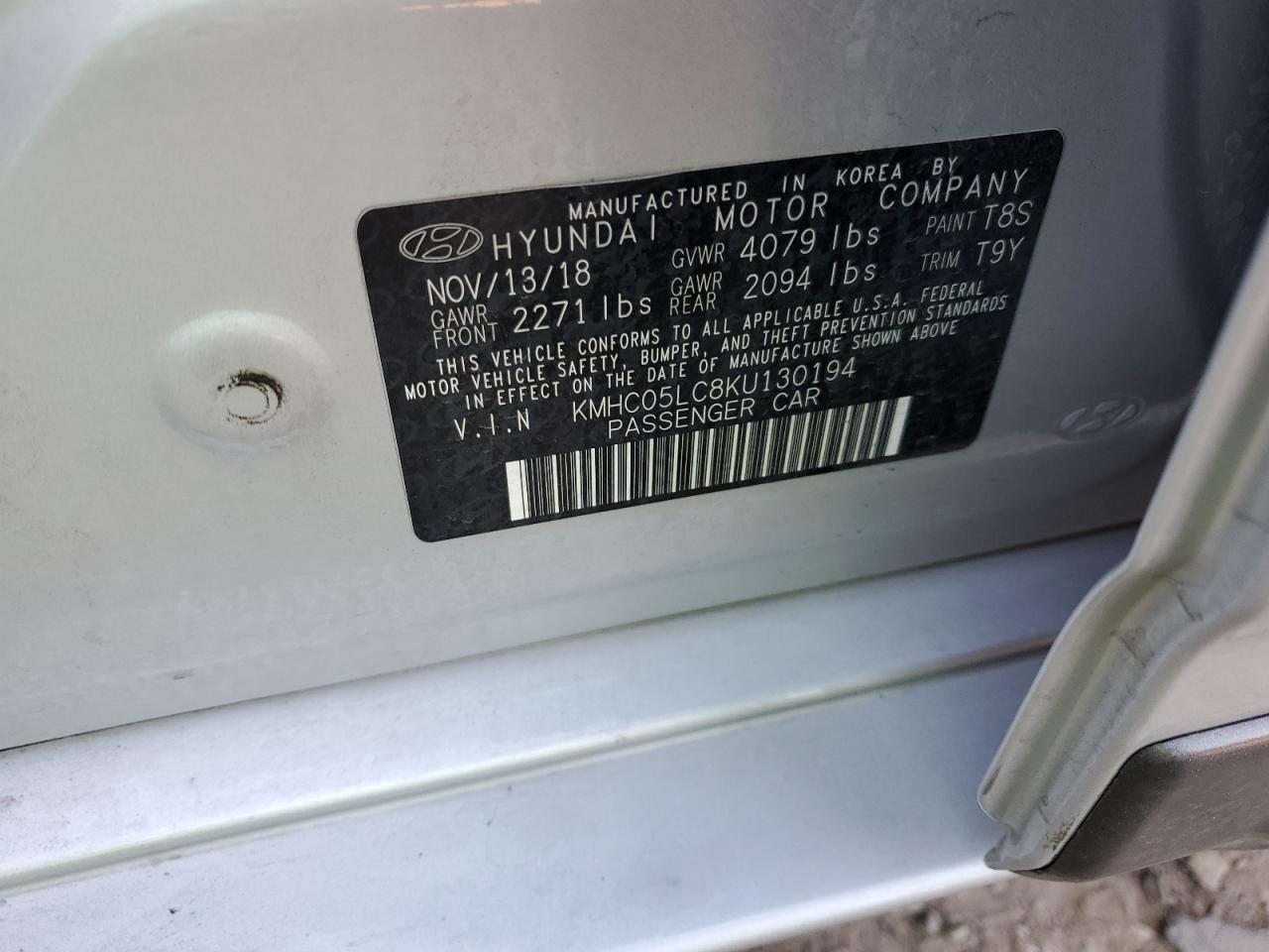 2019 Hyundai IONIQ VIN KMHC05LC8KU130194 Copart auction photo, side / undercarriage damage thumbnail 12