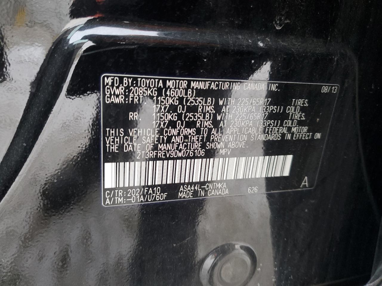 2013 Toyota RAV 4 VIN 2T3RFREV9DW076106 Copart auction photo, side damage thumbnail 12