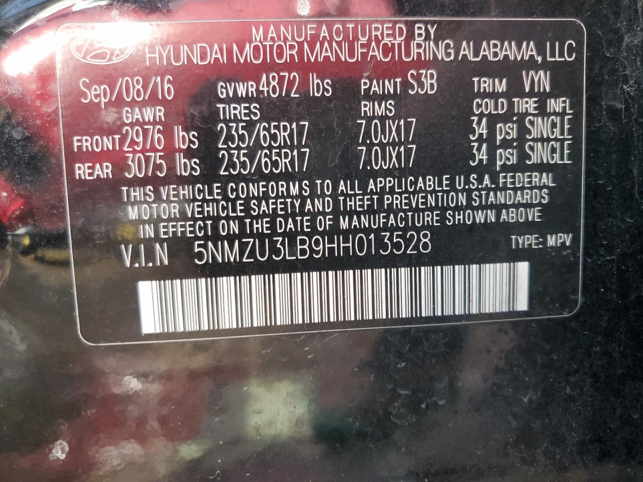 2017 Hyundai Santa Fe VIN 5NMZU3LB9HH013528 Copart auction photo, rear end / all over damage thumbnail 13