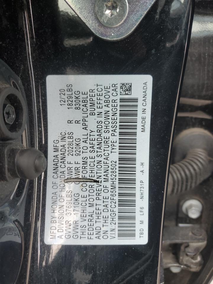 2021 Honda Civic VIN 2HGFC2F65MH528502 Copart auction photo, front end damage thumbnail 12