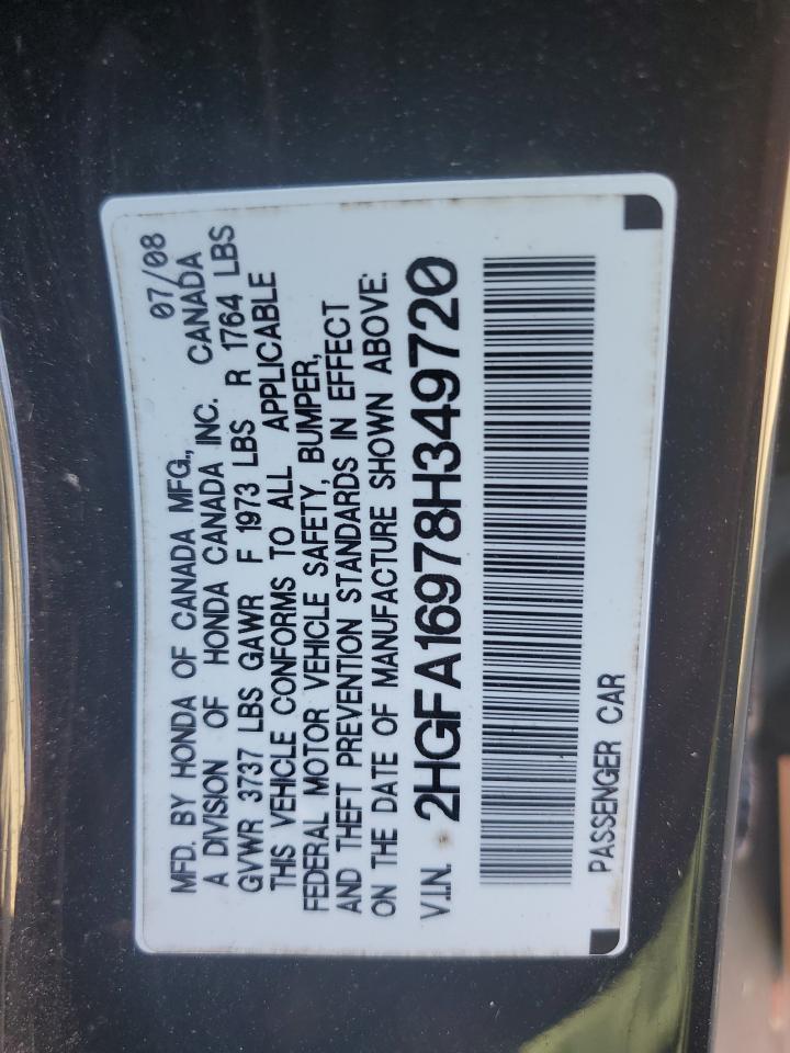 2008 Honda Civic VIN 2HGFA16978H349720 Copart auction photo, all over / minor dent/scratches damage thumbnail 12