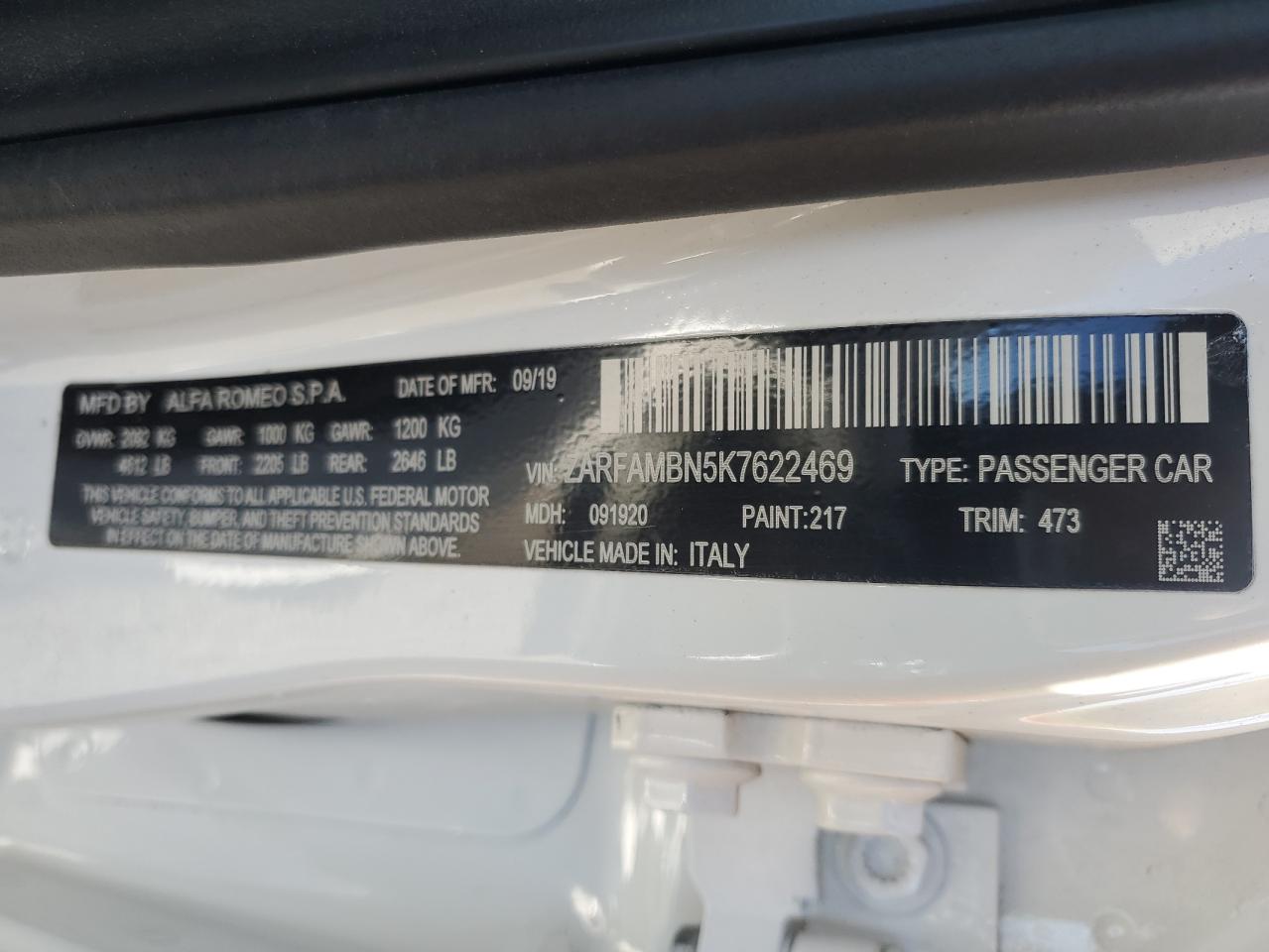 2019 Alfa Romeo Giulia VIN ZARFAMBN5K7622469 Copart auction photo, front end damage thumbnail 13