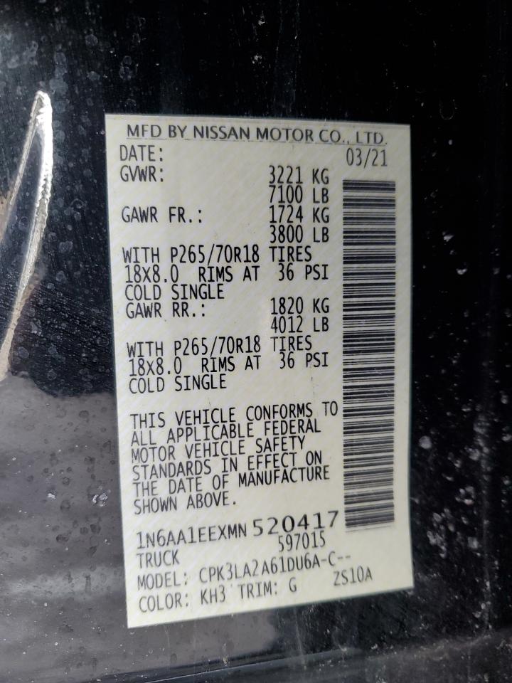 2021 Nissan Titan VIN 1N6AA1EEXMN520417 Copart auction photo, side damage thumbnail 12